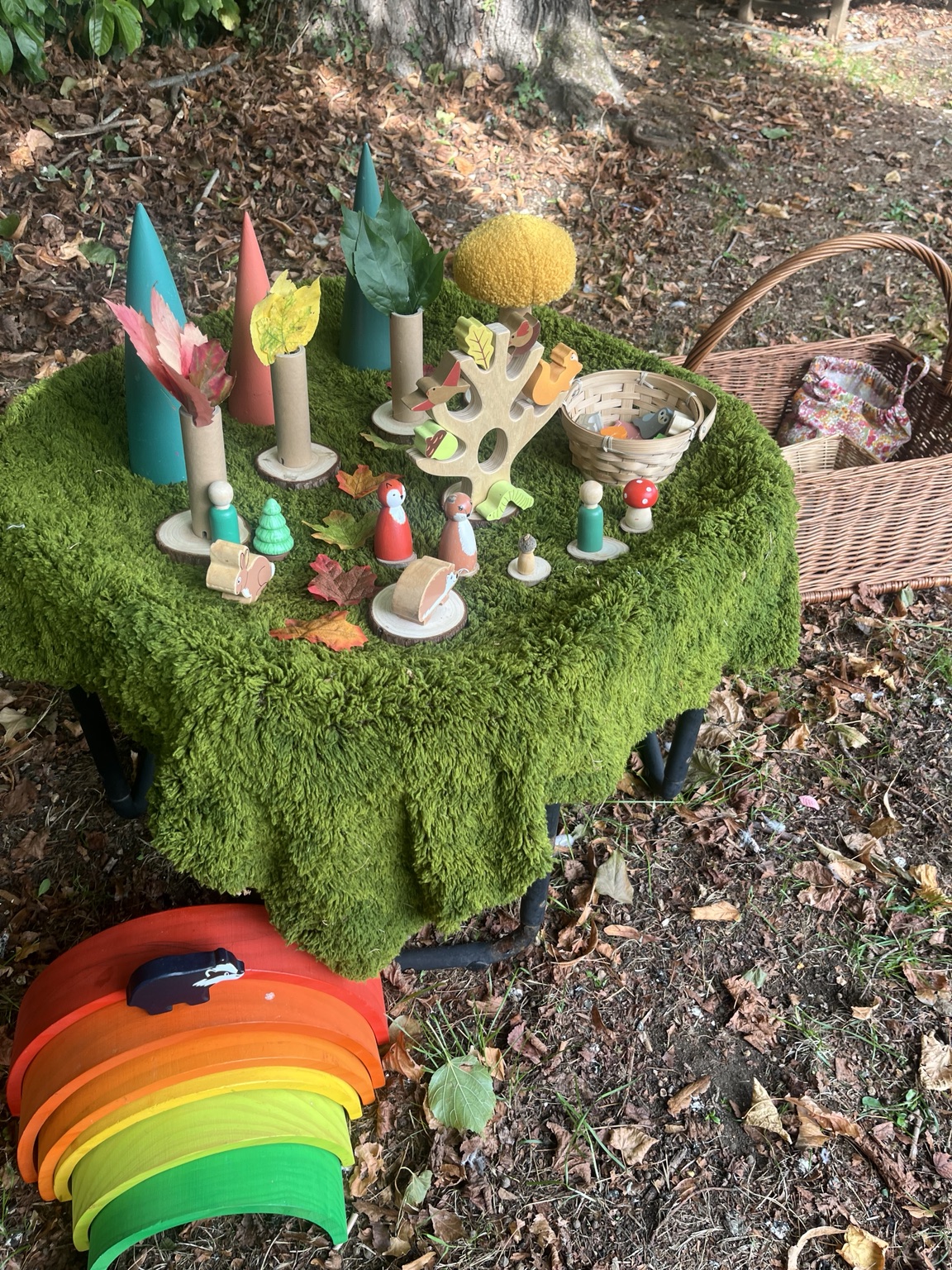 A moss-covered small-world setup with felt flowers, peg people, miniature trees and a wooden rainbow