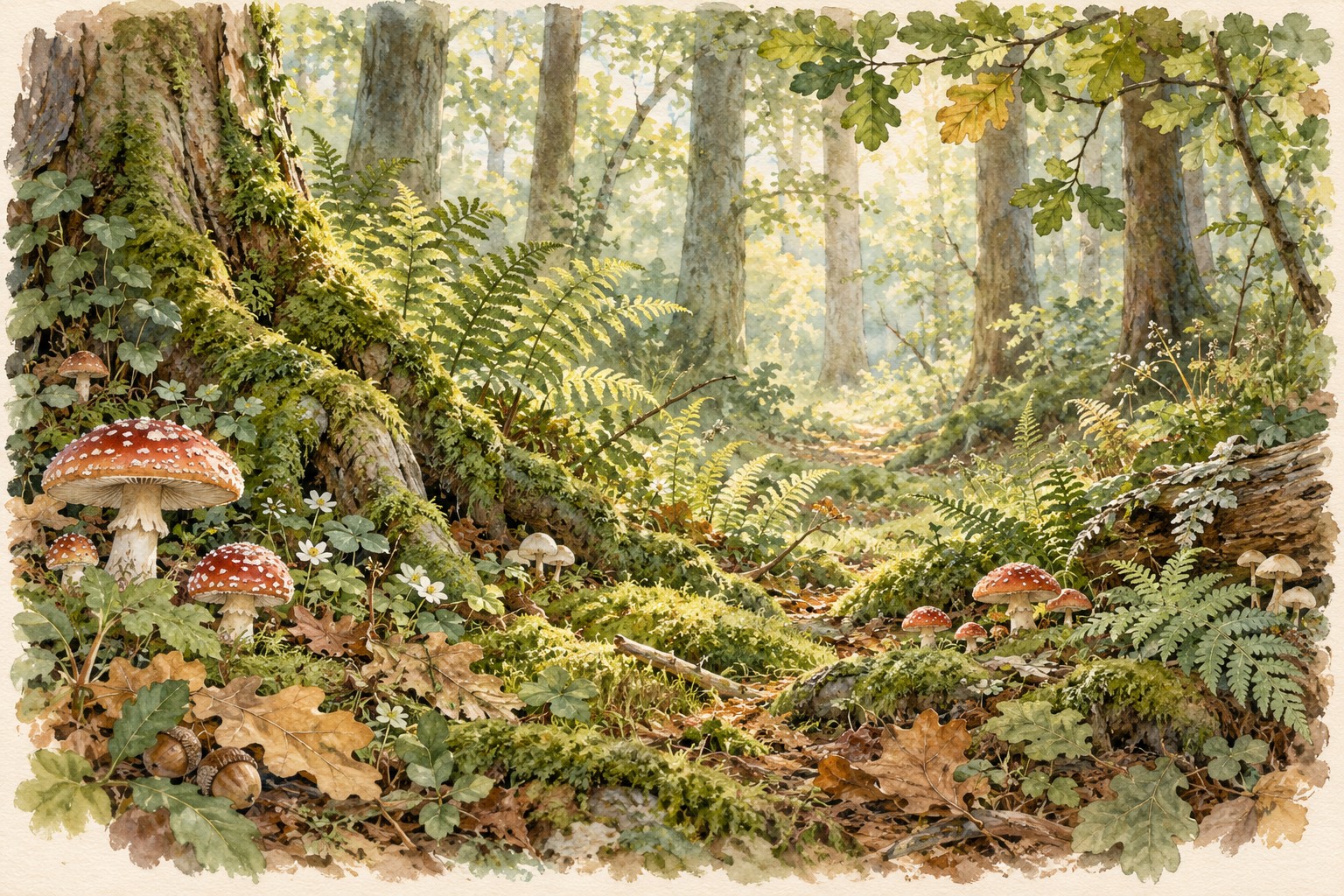 Storybook woodland with mossy roots, ferns and toadstools